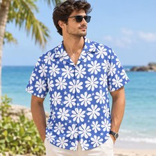 Blue White Daisy Shirt Unisex Retro Floral Hawaiian Beach Vacation Wear