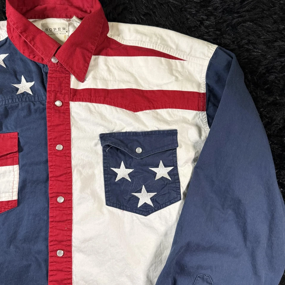Camisa Roper Para Hombres XL Roja Blanca Azul Perla Occidental A Presión Bandera de EE. UU. Estrellas Rayas Foto 4 de 4