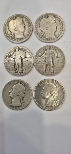 Lot of 6 Silver U.S. Quarters 1914 Barber 1929 Standing Liberty 1932 Washington