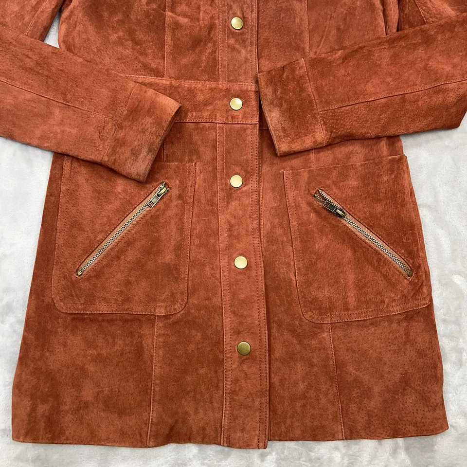 Gabardina de gamuza FOREVER 21 para mujer pequeña con botones a presión chaqueta forrada larga roja oxidada Foto 2 de 4