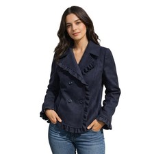 Mac & Jac Navy Blue Ruffle Trim Double Breasted Pea Coat Jacket Womens Large