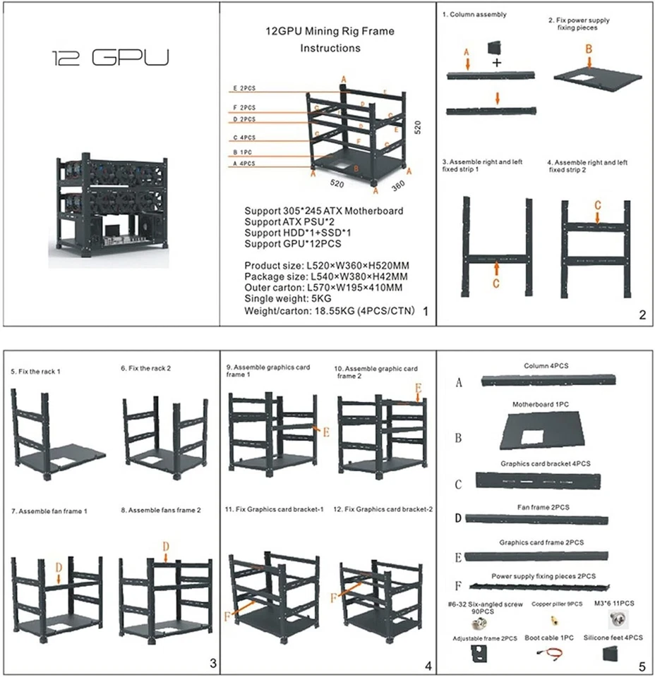 MC036 Fit 12 GPU Test Bench, Local LLM AI Computer Case, Crypto Mining Rig Frame - Image 3 of 3
