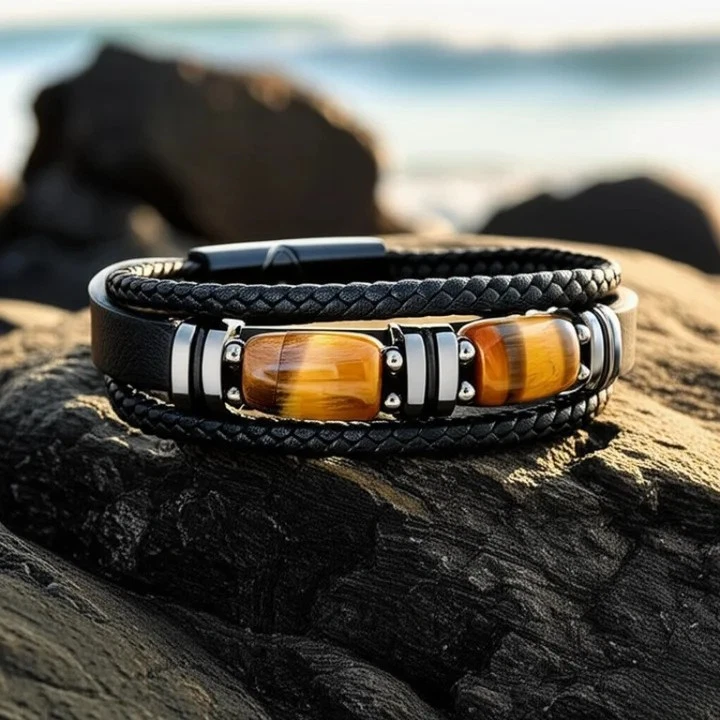 Brazalete trenzado de cuero para hombre ojo de tigre fuerza de piedra acero inoxidable Foto 2 de 4