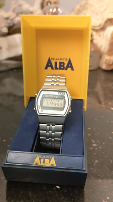 1980s Vintage Silver Blue Seiko Alba Digital Alarm Chronograph
