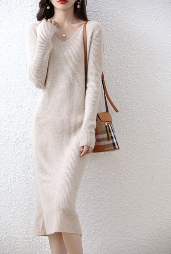 V-neck Wool Skirt Women's Long Sleeve A-line Knit Dress Hip Wrap Sweater Dress - Foto 9 di 12