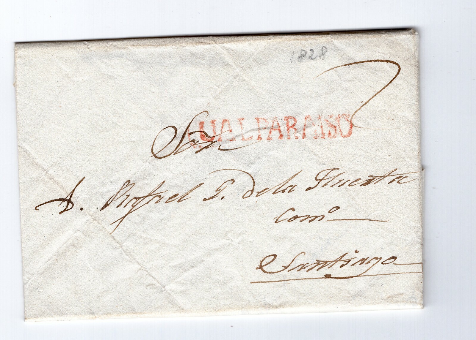 CHILE 1828 Prephilatelic prestamped folded cover lineal cancel UALPARAISO