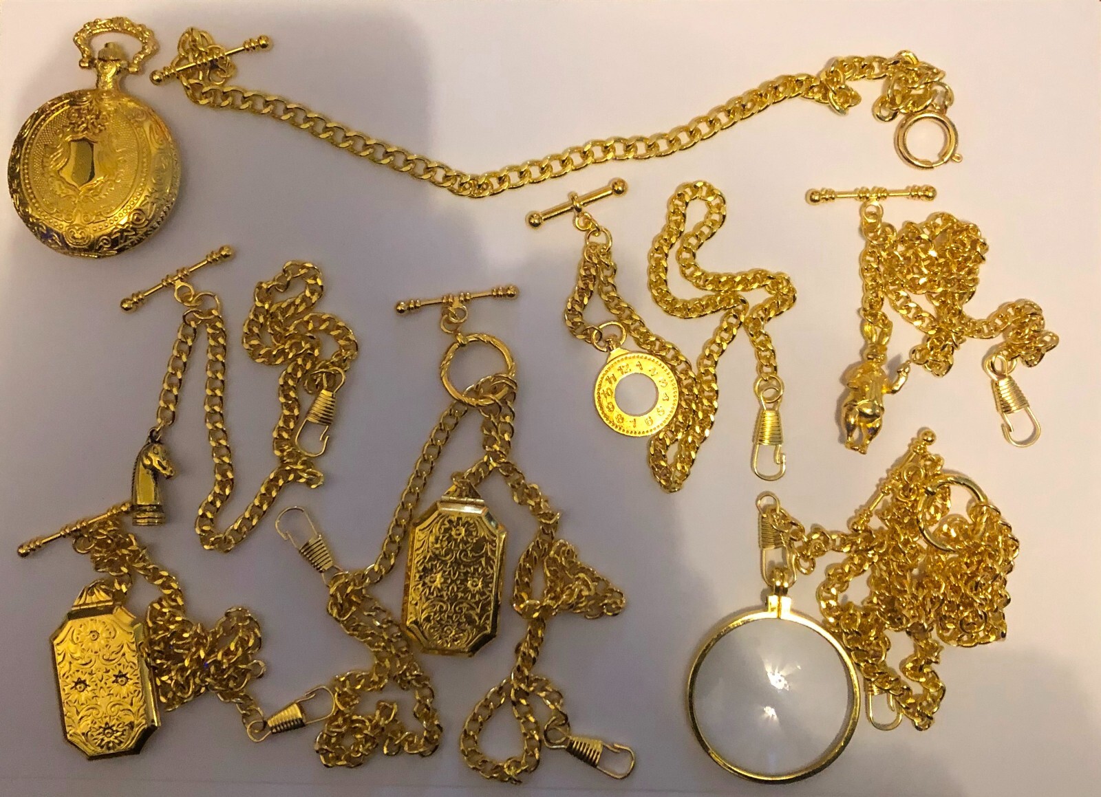 Gold colour Albert chain with Vintage design full hunter pocket watch t bar fob