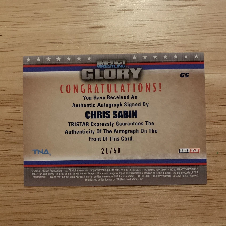 2013 TRISTAR TNA Impact Glory Wrestling Red 21/50 Chris Sabin #G5 Autograph - Image 4 of 4