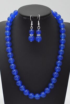 Natürliche schöne 10 mm blaue Jade runde Edelstein Perlen Halskette Ohrringe 16-32 Zoll