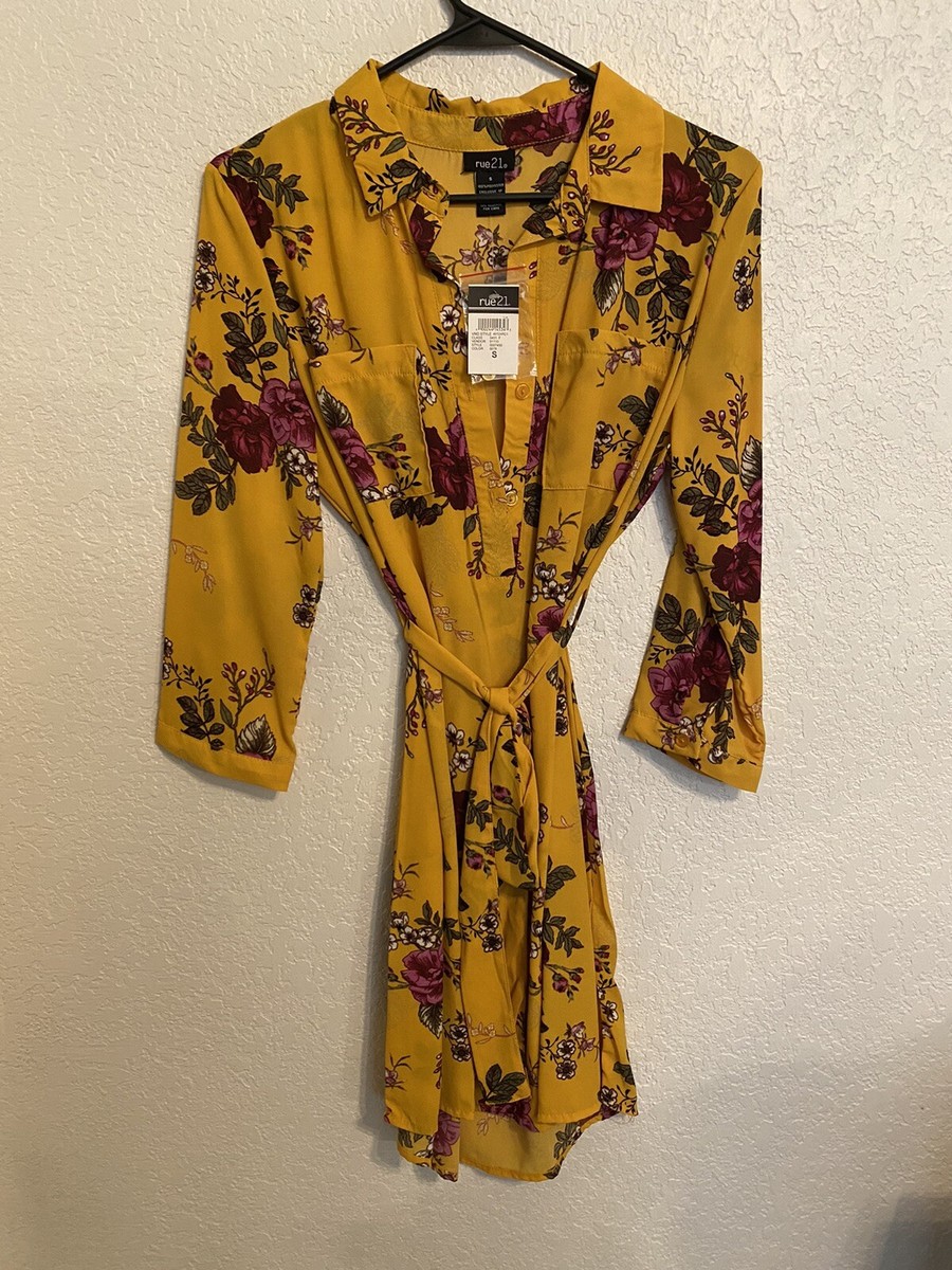 Rue 21 Mustard Yellow Floral Shirt Dress Small NWT