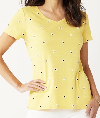New Croft & Barrow Women's V- Neck Tee Shirt Top XL - Yellow Daisy Dot