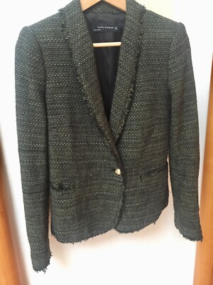 Zara Woman Blazer Tweed Bouclé mit Goldknöpfen dunkel grün/schwarz Gr. S
