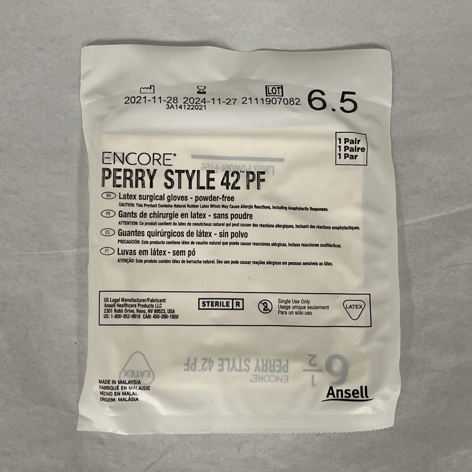 Ansell 5711102PF Encore Perry White Latex Surgical Gloves, Size 6.5