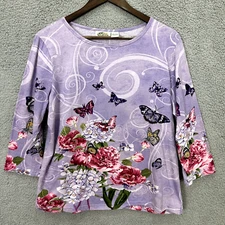 Collections Etc Top L Lavender Butterfly Floral Tee Cotton Fairy Whimsigoth Y2K