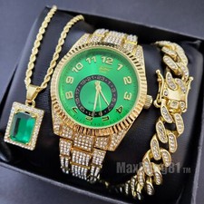 HIP HOP GOLD TONE SIMULATED DIAMOND WATCH ICED BRACELET GEMSTONE NECKLACE