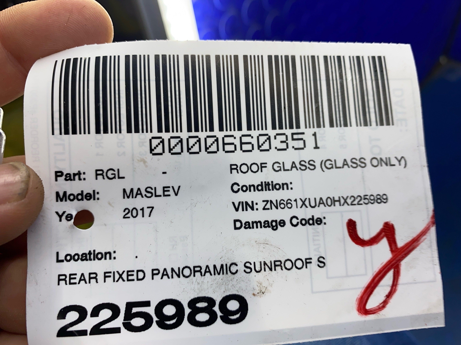 2017-2024 MASERATI LEVANTE REAR FIXED PANORAMIC SUNROOF SUN ROOF WINDOW GLASS