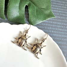 Vintage Style Gold Winged Scarab Beetle Antiqued Earrings Insect Egyptian NEW