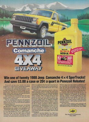 1988 Pennzoil Vintage Magazine Ad Jeep MJ Pickup Truck Comanche JP1 JP2 Yellow