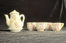 Vintage Miniature Porcelain Tea Set Pink Floral Teapot 4 Cups Saucer Dollhouse