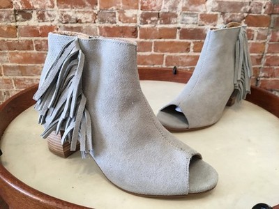 Kensie Erika Grey Suede Open Toe Fringe Ankle Booties Boots