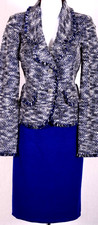 ST.JOHN Women's Tweed Gray Blue White Fringed Trim Jacket Skirt Sz 8