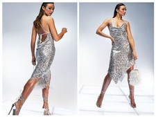 New ASOS Luxe 90s Silver Multi Sequin Cowl Slip Dress Asymmetrical Hem Womens 8