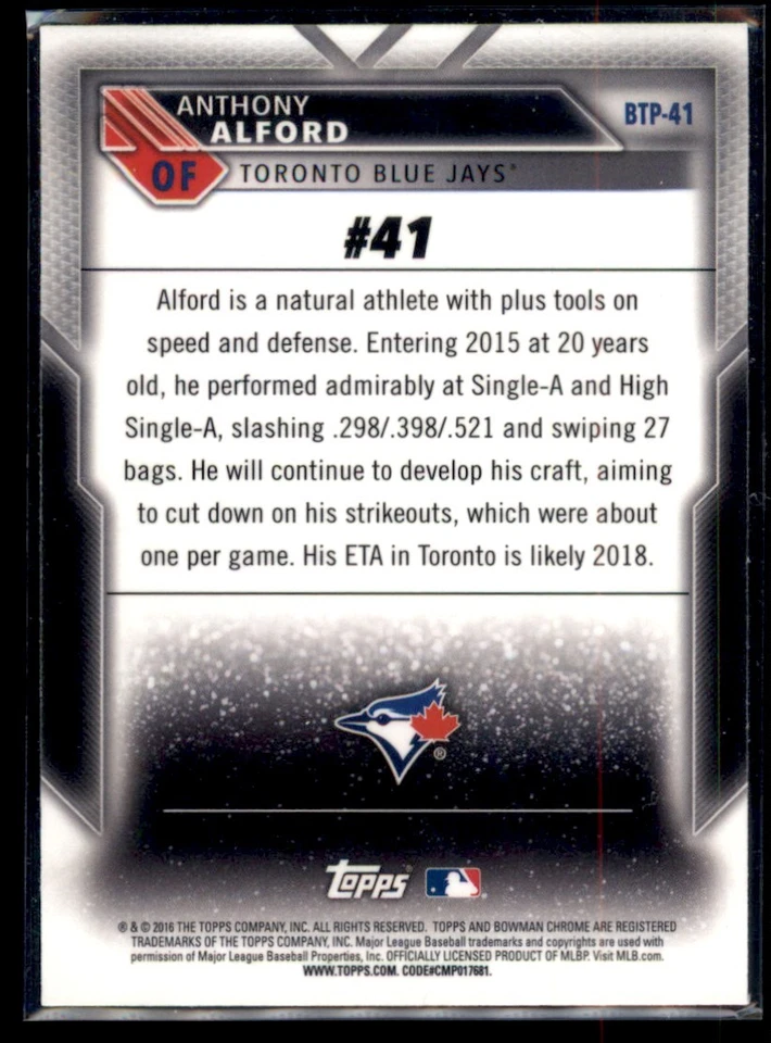 2016 Bowman Scouts' Top 100 Anthony Alford Toronto Blue Jays #BTP-41 - Image 2 of 2