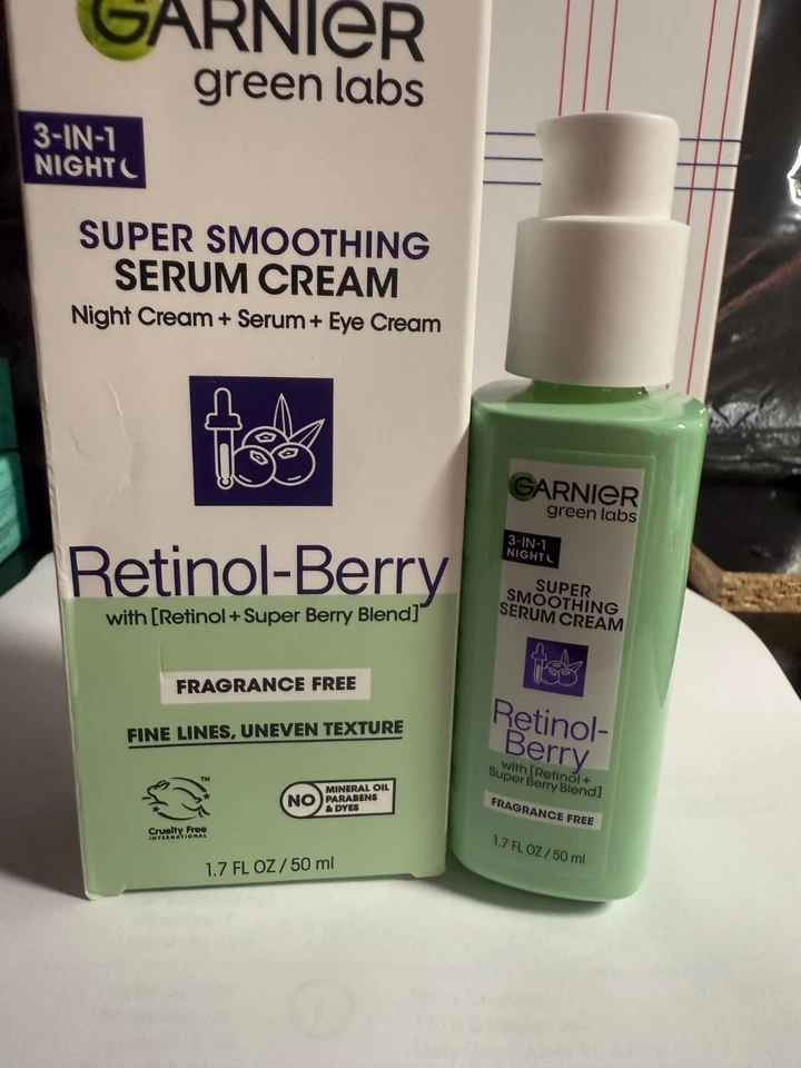 Garnier Green Lab 3in1 Night Super Smoothing Serum Cream Retinol Berry 1.7oz NIB - Image 2 of 4