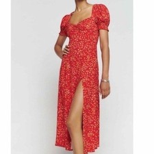 Reformation Red Floral Lacey Smocked Sleeve Midi Dress in Balia Size 10 Romantic