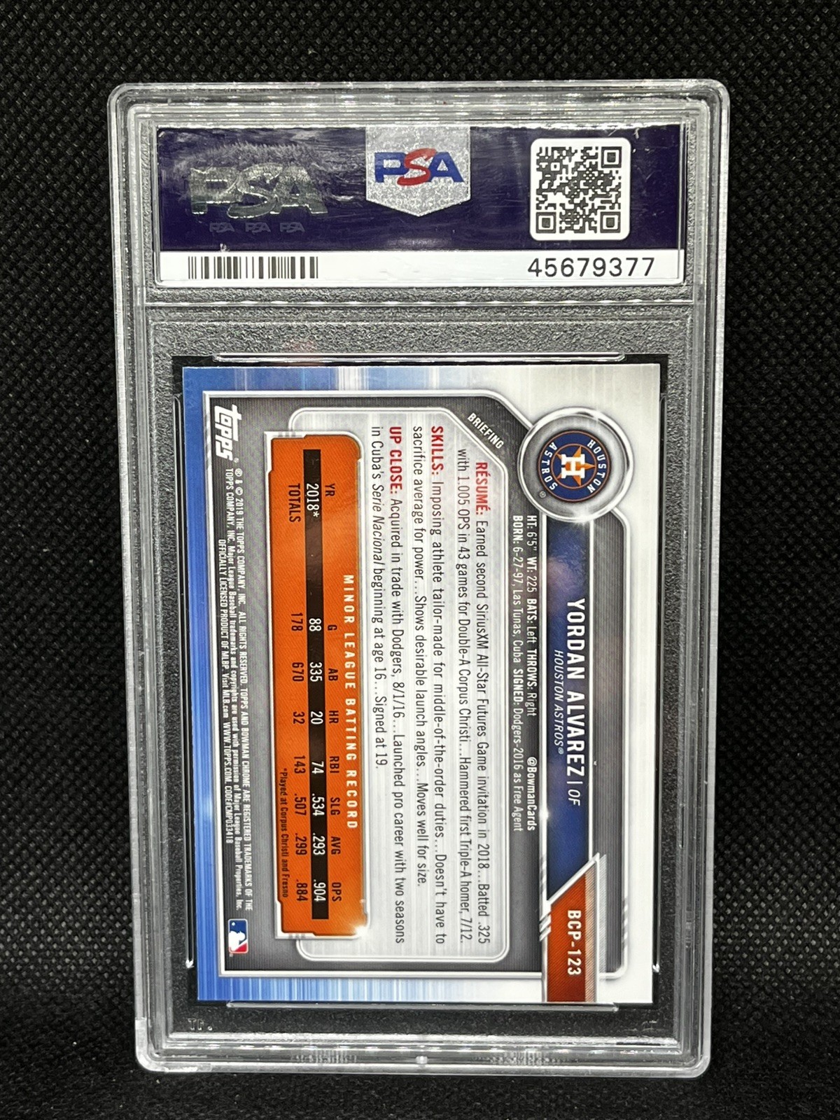 2019 Bowman Chrome Prospects Mega Box Mojo Refractor Yordan Alvarez PSA 9 RC view 2