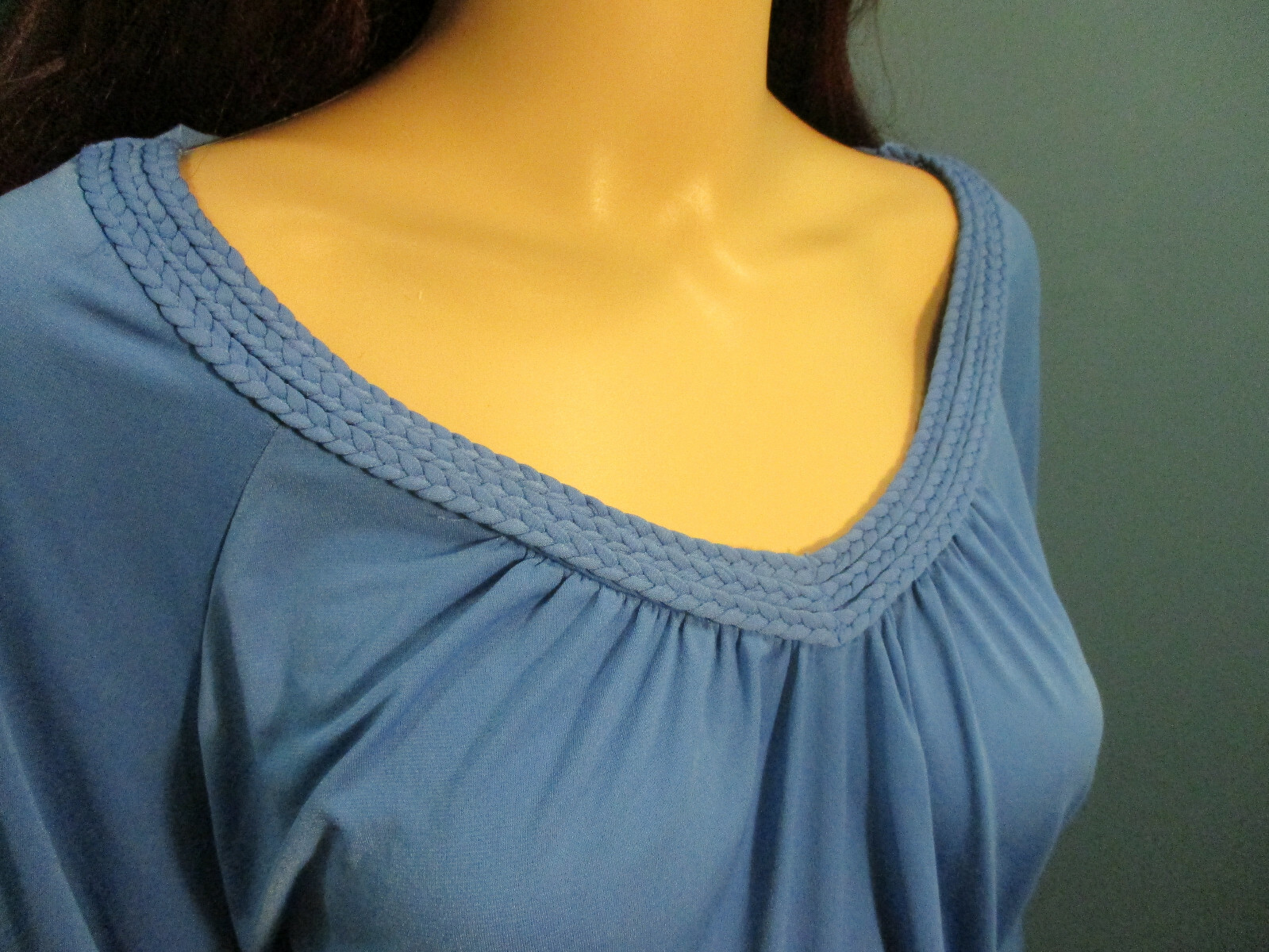 XL blue slinky stretchy braided neckline blouse by EAST 5TH