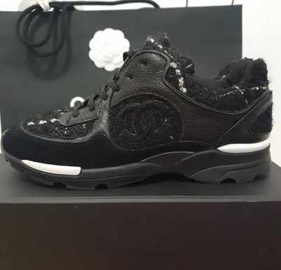 chanel cc logo suede tweed black gold sneaker