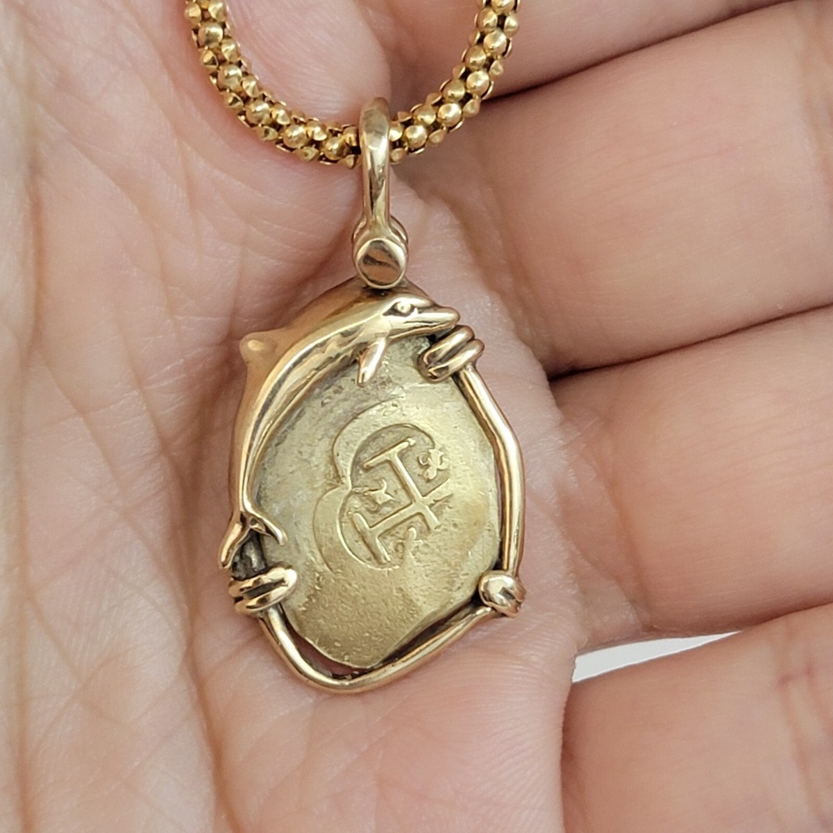 Spanish Escudo Gold Coin Pendant on Men's Italian 14K Gold Chain Necklace