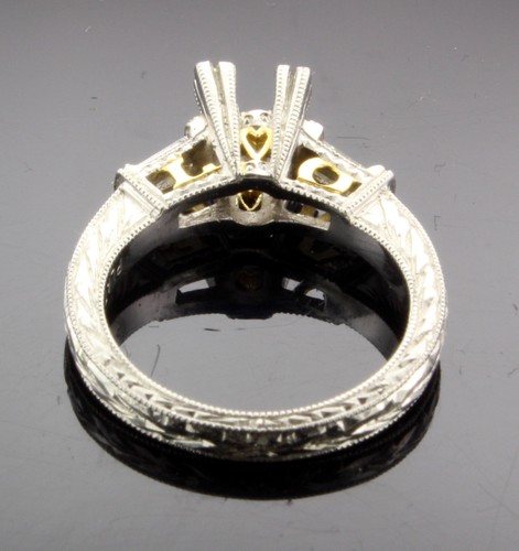 Platinum & 18k Gold Diamond Hand Engraved 3 stone Semi Mount - Picture 4 of 6