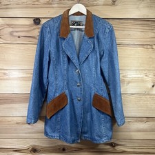 Vtg Rode Walker Coat Large Denim Jean Jacket Longline Suede Leather Trim B138