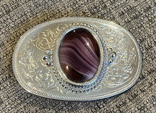 Vintage Western Wear Floral Silver Belt Buckle Purple Imperial Jasper Stone