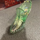 VINTAGE FENTON GLASS / GREEN IRRIDESCENT SHOE/ FROSTED SWANS / J DRAYER ARTIST
