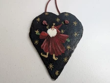 Santa Claus Hand Painted Art On Heart Shaped Stone Slate Whimsical Christmas