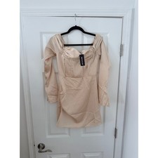 PrettyLittleThing Champagne Satin Pleat Bardot Mini Dress CNC6160 US 4 NEW Beige