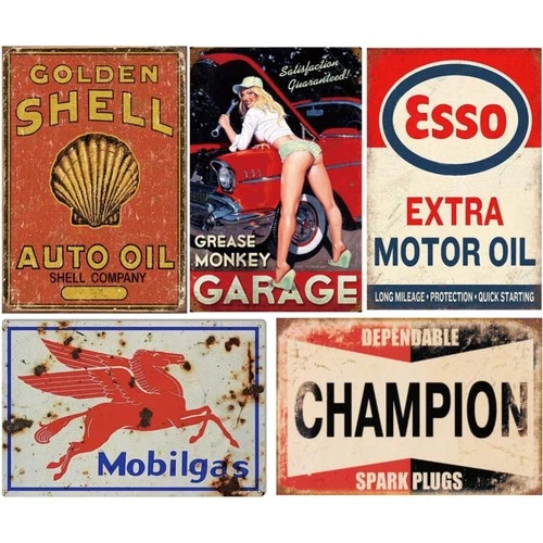 5 PACK Tin Signs Vintage Gas Oil Metal Signs Home Garage Man Cave Bar Wall Decor