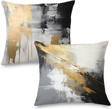 Abstract White  Gold Pillow Covers - 16X16 Set of 2, Modern Black  White for C