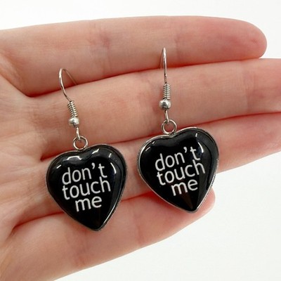 Don t Touch Me Heart Dangle Earrings | Black Gothic Attitude Statement Jewelry