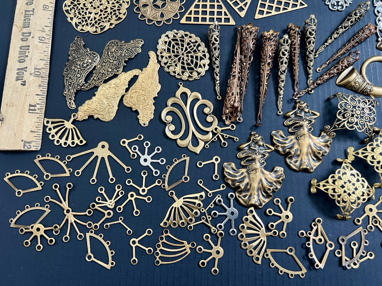 .75 Lbs + Vtg & New Metal Stampings Gold Brass Filigree Connectors Findings Lot