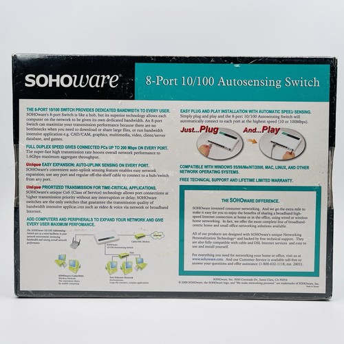 SOHOWARE Model NSH812 Plug-n-Play 8 Port 10M/100M Autosensing Switch Sealed - Afbeelding 9 van 14