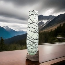 Art Glass Hand Blown Applied Threading Abstract Black and White Vase 12  