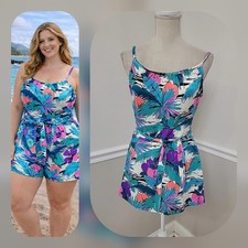 VTG 80s Some-Body Tropical Romper Swimsuit Neon Floral One Piece Size 18