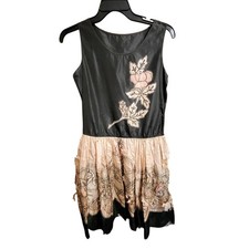 Antique 1920s Flapper Dress Black Pink Floral Applique Silk Embroidery Damaged