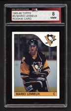 1985-86 TOPPS #9 MARIO LEMIEUX ROOKIE CARD KSA 8 NEAR MINT-MINT. rookie card picture
