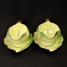 Royal Winton 2 Sauce Bowls W/Plate Grimwades Leaf Ware Light Green w/Gold 1950's