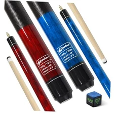 Pool Cues Set of 2, 58 Inch Pool Sticks for Adults, 2-Piece House Bar Blue+Red